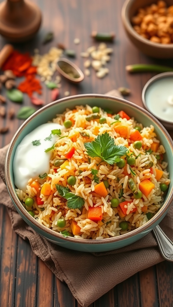 A bowl of vegetable biryani with mixed vegetables and garnished with herbs, accompanied by a side of raita on a rustic table.